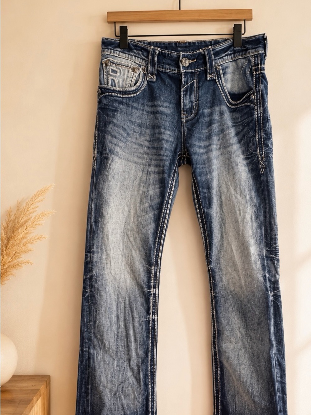 Rock Revival Navy and Gold Embroidered Waistband Jeans